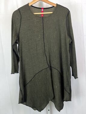 IC COLLECTION Tunic Top Asymmetric Striped Knit 3/4 Sleeve Olive Green Size L